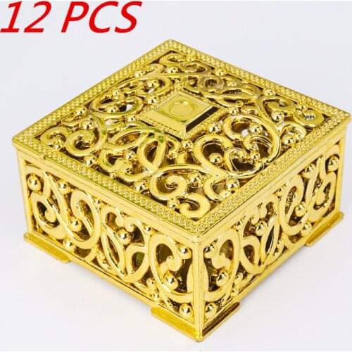 12pcs PS Plastic Hollow Candy Box Gold Favor Silver Mini Square Gift boxes For Festival/Party/Wedding Little Box 6*6*3.2cm New