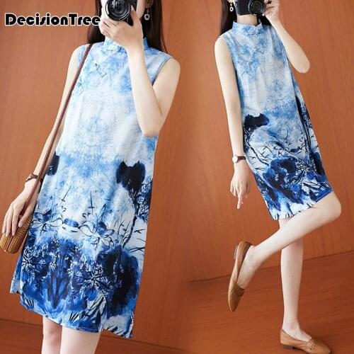 2021 chinese dress cheongsam qipao women evening dress improved long cheongsam linen loose elegant floral printing qipao dress