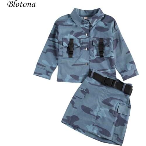 Blotona 2Pcs Toddler Spring Autumn Outfits, Camouflage Lapel Long-Sleeves Blouse + High-Waist Short Skirt for Little Girls, 2-7Y