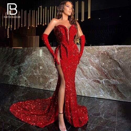 PB Chic Red Sequins Floor Length Long Dress Sexy Strapless Side Split Design Celebrity Party Club Vestido Free Shipping