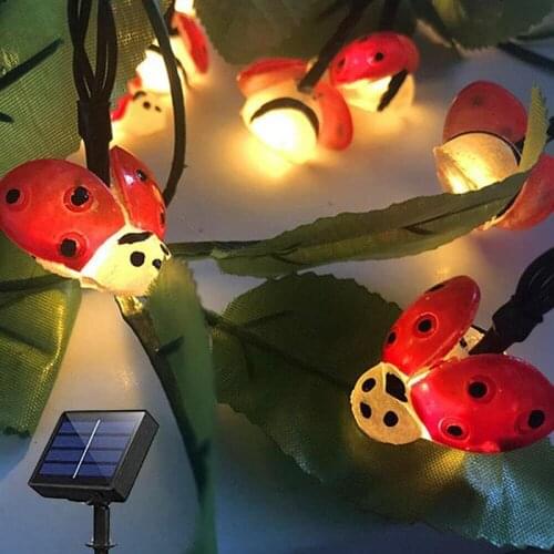 Solar Ladybugs Fairy String Lights 16.4Ft 20LEDs with Auto On/Off Flexible Copper Wire IP65 Waterproof Outdoor Garden Solar Lamp