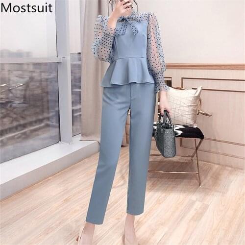 Office Fashion Two Piece Pants Sets Outfits Women Bow Dot Print Patchwork Tunics Tops + Pants Suits Korean Workwear Sets 2020