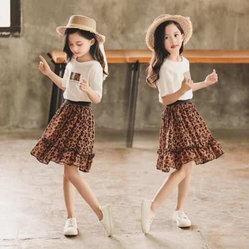Hot Sell Summer Baby Girls Bow T-shirt and Leopard Polka Dot Skirts 2pcs Kids Clothes Sets Teens Party Children Outfits Suits