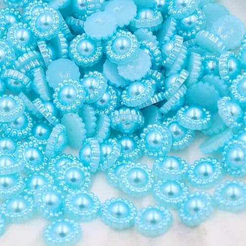 New 200pcs/Lot Sky Blue Flower Flat Back Half Round Imitation Pearl Beads 9mm Cameo Cabochon Beads Diy Jewelry Finding Making