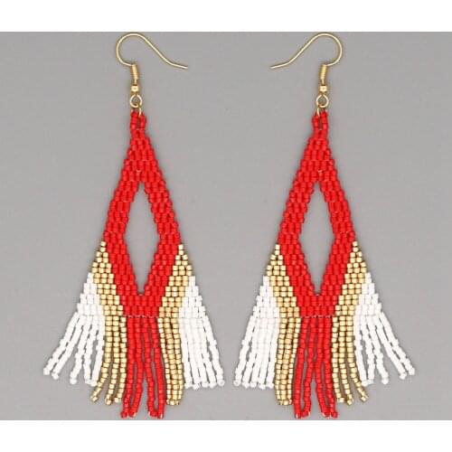 New Personality Fashion Bohemian Miyuki Rice Beads Hand-made Woven Beaded Geometric Long Tassel Earrings Women Drop Earrings