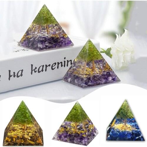 Handmade Tree Of Life Orgone Pyramid 50mm Amethyst Peridot Healing Crystal Energy Generator Orgone Pyramid Emf Meditation Tool
