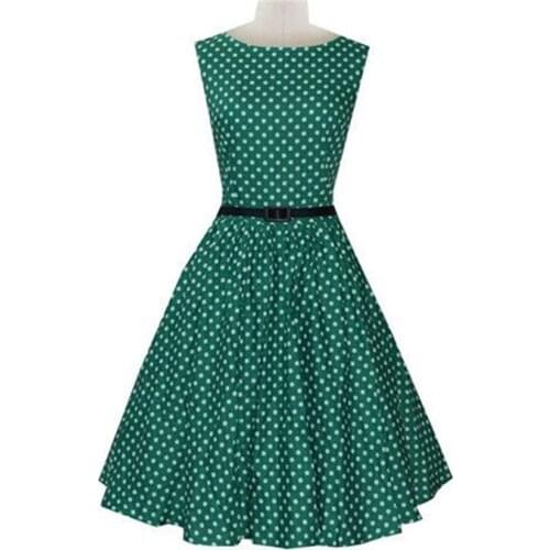 Audrey Hepburn Dresses Vestidos Elegant Summer Dress Green Vintage Retro Sleeveless O neck Slim Swing Floral Dress with Belt