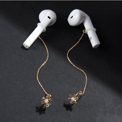 Women AAA Zircon Paved Snowflake Shape Copper Long Chain Drop Stud Cuff Earring Wireless Earphone Anti Lost for Apple Airpods