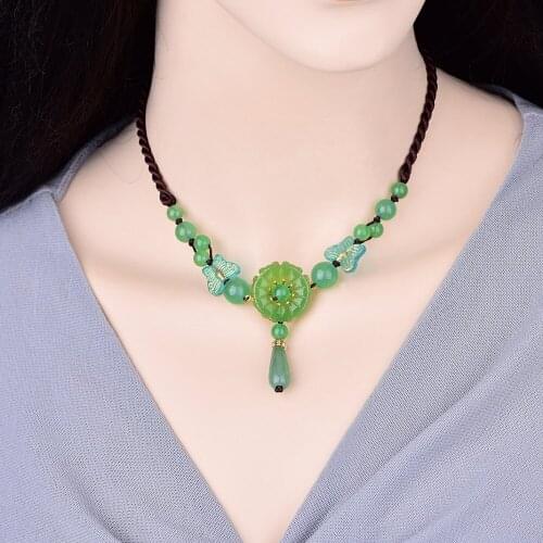 Fresh Green Crystal National Style Butterfly Pendant Necklace Short Ancient Individual Clavicle Chain Ancient Costume Ornaments