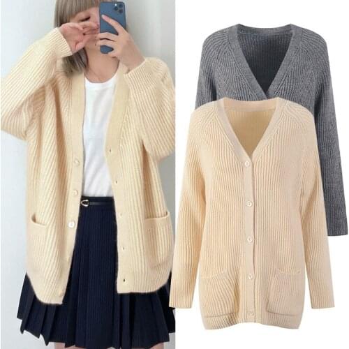 Merino Wool Sweater Cardigans Women Loose Knit Tops Sexy V-Neck Outerwear 2021 Autumn Winter Streetwear Casual Fashion Korean