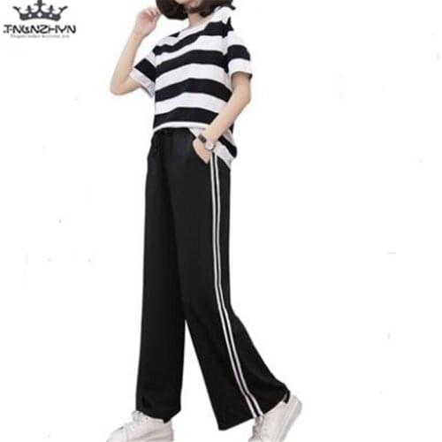 Tnlnzhyn 2019 New Summer Women Suit Set Fashion 2 Piece Set Short sleeve stripe T-shirt+ Pants Loose Wide leg pants Sets A157
