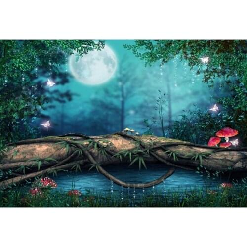 Magic Forest Photography Background White Moon Green Trees With Butterflies Branch With Red Mushroom Backdrop For Baby Shower