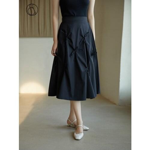 DUSHU Autumn 2021 Long Skirts For Women Bow High Waist Skirt All-match Black Umbrella Skirt Elastic Waist Skirt Women Clothes