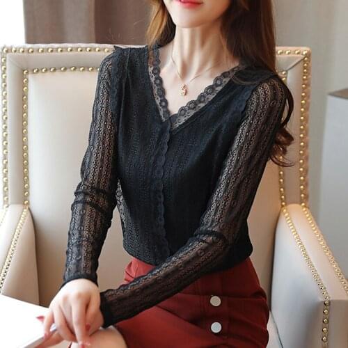 V-Neck Lace Hollow Out Black T-Shirt White T Shirt Women Long Sleeve Spring Autumn Tops Korean Fashion Clothing Tee Shirt Femme