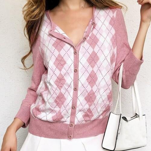 Womens Vintage Elegant Pullovers Casual Solid Round Neck Single Breasted Knitting Plaid Long Sleeve Sweaters Manteau Tricoté