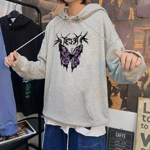 Jumper Hooded Warm Vintage butterfly Print Hip Hop Punk Gothic Streetwear Harajuku Casual Loose Women Pullover Hooded Sweatshirt