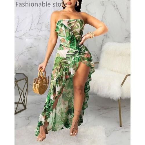 Women Print Sleeveless Bandeau Dress Stretch Mesh Fabric Asymmetrical Beach Dress