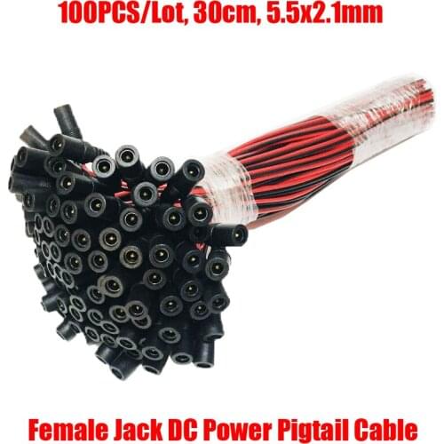 100PCS/Lot 30cm 5.5x2.1mm DC 12V Power Supply Cable Pigtail Female Jack Plug Connector Copper Wire for CCTV Security Camera