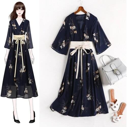 5XL Japanese Traditional Kimono Dress Women Girls Yukata Streetwear Belt Floral Print Plus Size V Neck Vintage Style Obi Navy
