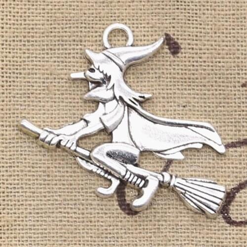 8pcs Charms Witch On Broomstick Halloween 36x34mm Antique Silver Color Pendants Making DIY Handmade Tibetan Silver Color Jewelry