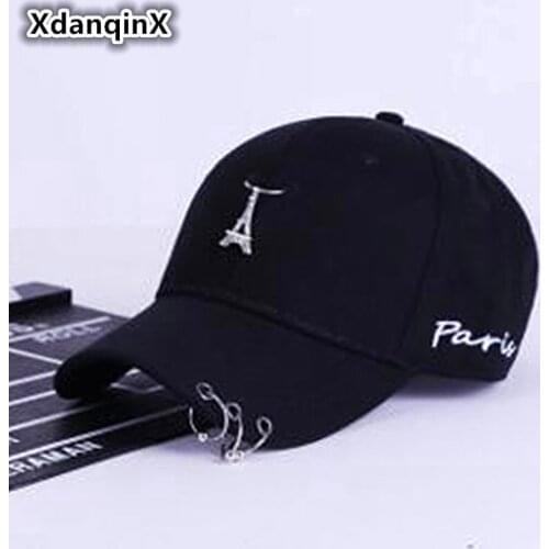 XdanqinX Womens Cap Adult Cotton Ponytail Baseball Caps Personality Fashion Iron Ring Hip-Hop Hat Adjustable Size Tongue Cap