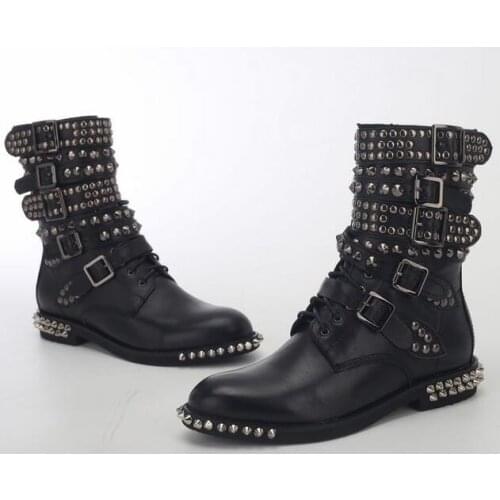 Spring Hot Black Smooth Leather Women Fashion Motorcycle Boots Pointed Toe Stud Buckles Ladies Martin Boots Knight Style Boots