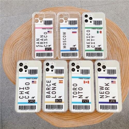INS city first Class Ticket clear soft phone case for iphone 12 Pro Max 11 7 8 Plus X XS XR New York San Francisco Mexico cover