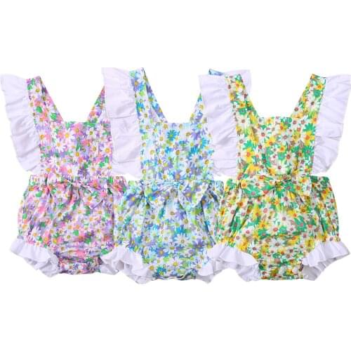 2021-04-01 Lioraitiin 0-12M Infant Baby Girls Breathable Fly Sleeve Romper Sweet Style Daisy Printing Bow Lace Backless Jumpsuit