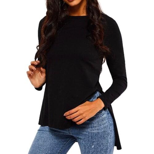 Spring T Shirt Women Black Asymmetrical Split Fashion Gothic Casual Tops Tees Slim Female Spring Bottoming Solid Basic T Shirts