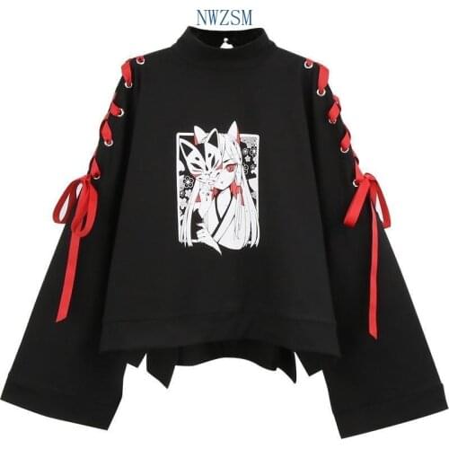 Summer Womens clothing Anime fox printed cross ribbon Women Lolita Girls' T-shirt harajuku spring Black Top skirt hoodies