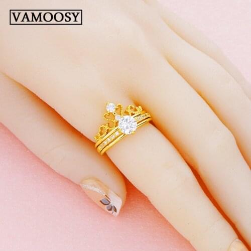 HOT 2 Pcs/ Set Classic 24K Gold 1 Carat Ring British Crown Open Rings Romantic Rings Set for Women Wedding Bride Charm Jewelry