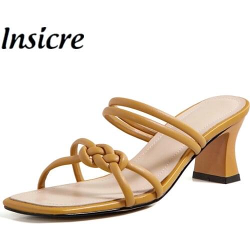 Insicre Thick High Heel Gladiator Sandals Slippers Women 2021 Summer New Outerwear Fashion Woven Square Toe Party Dress Shoes