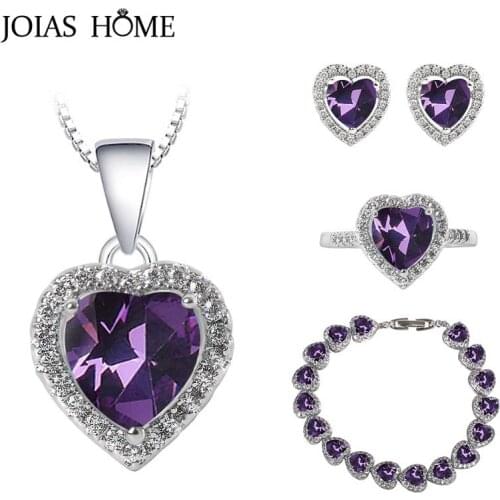JoiasHome 925 Sterling Silver Jewelry Set With Heart Shaped Amethyst Gemstones Ring Earrings Necklace Bracelet For Women Wedding