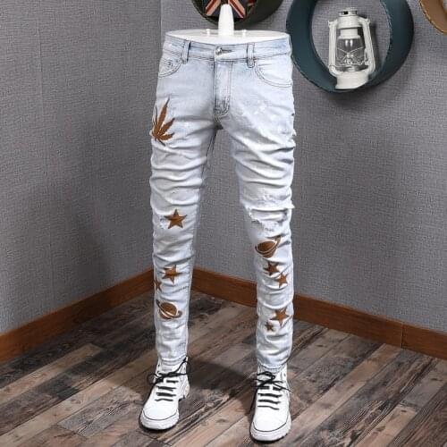 American Street Style Fashion Men Jeans Retro Light Blue Slim Fit Ripped Jeans Men Patches Designer Hip Hop Denim Punk Pants