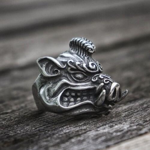 EYHIMD Wild Boar Stainless Steel Men Rings Sus Scrofa Biker Ring Animal Jewelry