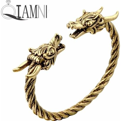 QIAMNI Double Dragon Head Twisted Bangle Viking Men Wristband Cuff Adjustable Bracelets Party Christmas Gift Norse Pagan Jewelry