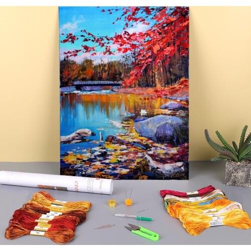 Landscape Light Autumn Printed Water-Soluble Canvas 11CT Cross-Stitch DIY Embroidery Full Kit DMC Threads Different