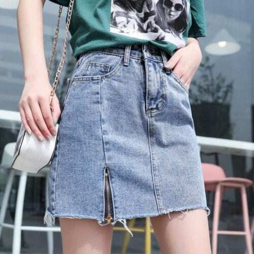 Casual High Waist Straight Denim Skirts Women 2020 Summer Black Blue Solid Pockets Button Zipper Jeans Skirt