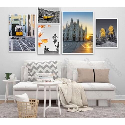 Retro and Nostalgic Canvas Painting Poster Antique Buildings Tram Car Gray and Golden Forest Sunset Hd Print Home Rooms Decorat