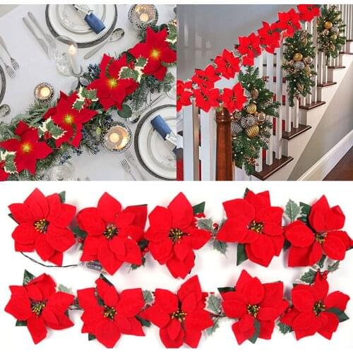 2m 10LED Poinsettia Christmas Flowers Decorations Garland String Lights New Year Christmas Wreath Home Indoor Outdoor Decoration