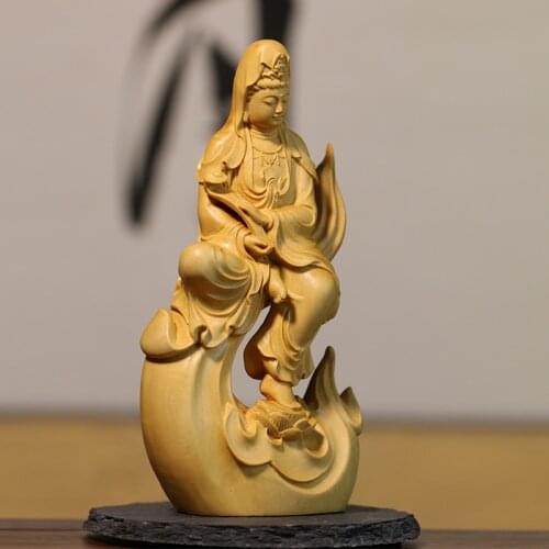 Boxwood 13cm Guanyin Sculpture Wood Carving Buddha Statue Collection Home Decor