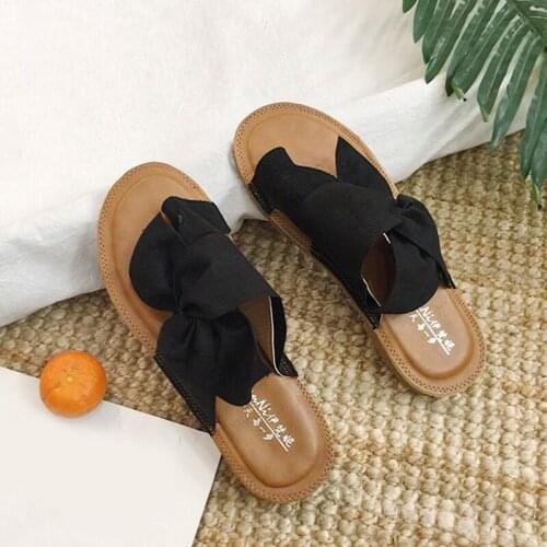 Women Summer Slippers Plus Size Flock Bow Slides Butterfly Kont Fashion Female Beach Wear Casual Flats Shoes