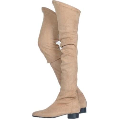 Girls Black Nude Flat Pointed Toe Slim Over The Knee Casual Boots Leather Suede Zipper Back Thigh Motorcycle Long Boots Lady