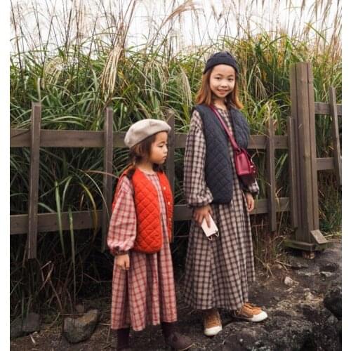 2021 girls plaid dress robes Cotton Full Puff Sleeve Casual Japanese-style Ruched Mid-Calf girl clothes kids clothes
