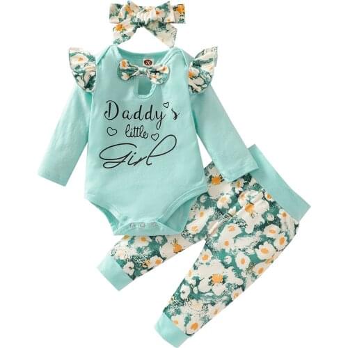2021 0-24M Baby Girls Clothing Sweet Bow Long Sleeve Hollow Round Collar Letter Romper+Floral Printing Long Pants+Headband 3pcs