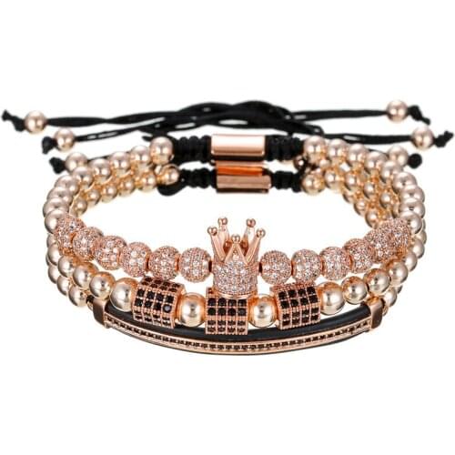 3 pcs/set charm crown crystal ball cz zircon hexagon double moon connected copper beads beaded bracelet adjustable for woman