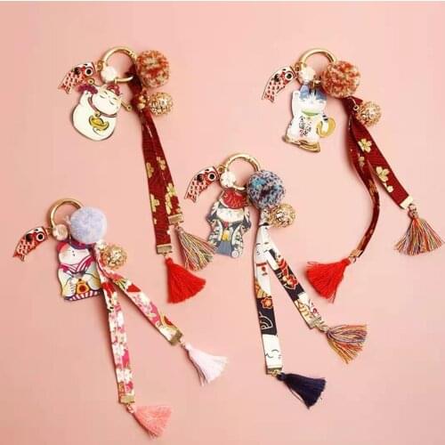 Cat Keychain Pendant Transfer Lucky Handmade Fabric Embroidery Flowers Japanese Cherry Blossom Ribbon Tassel Bag Decoration