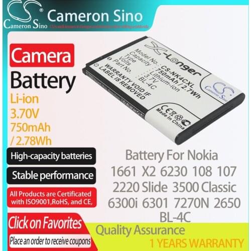 CameronSino Battery for Nokia 1661 X2 6230 108 107 2220 Slide 3500 Classic 6300i 6301 fits SVP BBA-07 Digital camera Batteries