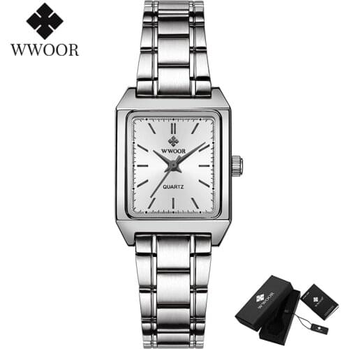 WWOOR Women Square Watch Simple Design Luxury Stainless Steel Women Quartz Wristwatch Silver Casual Small Watches Gift For Women