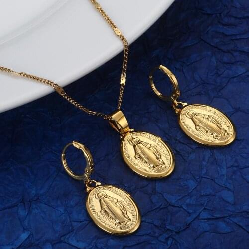 Fashion Virgin Mary Pendant Necklace Earrings Trendy Gold Color Our Lady Women Men Jewelry Sets